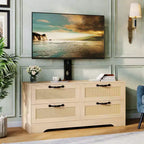 Mobile TV in Rattan con Supporto, Cassettiera a 4 cassetti, Centro di Intrattenimento per TV fino a 70 Pollici, Mobile Porta TV Rustico in Legno per Soggiorno e Camera da Letto