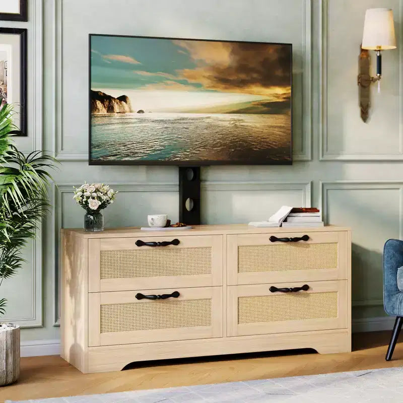 Mobile TV in Rattan con Supporto, Cassettiera a 4 cassetti, Centro di Intrattenimento per TV fino a 70 Pollici, Mobile Porta TV Rustico in Legno per Soggiorno e Camera da Letto