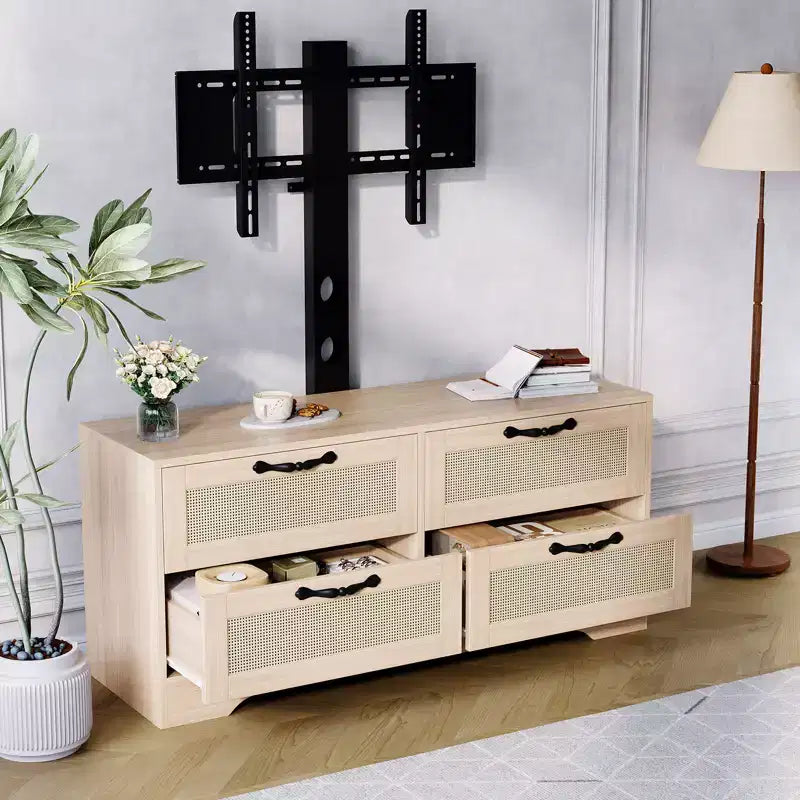 Mobile TV in Rattan con Supporto, Cassettiera a 4 cassetti, Centro di Intrattenimento per TV fino a 70 Pollici, Mobile Porta TV Rustico in Legno per Soggiorno e Camera da Letto