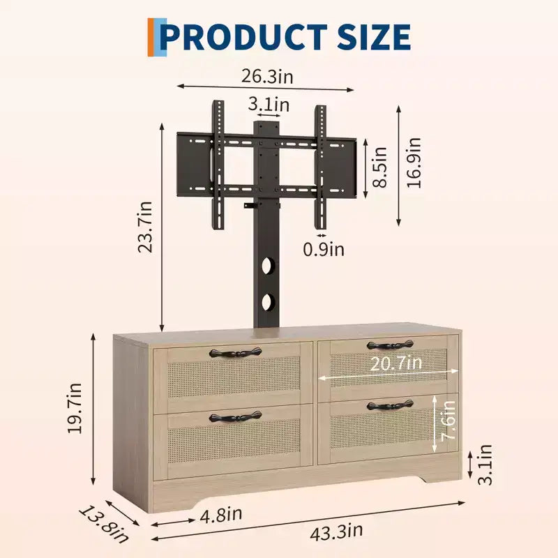 Mobile TV in Rattan con Supporto, Cassettiera a 4 cassetti, Centro di Intrattenimento per TV fino a 70 Pollici, Mobile Porta TV Rustico in Legno per Soggiorno e Camera da Letto