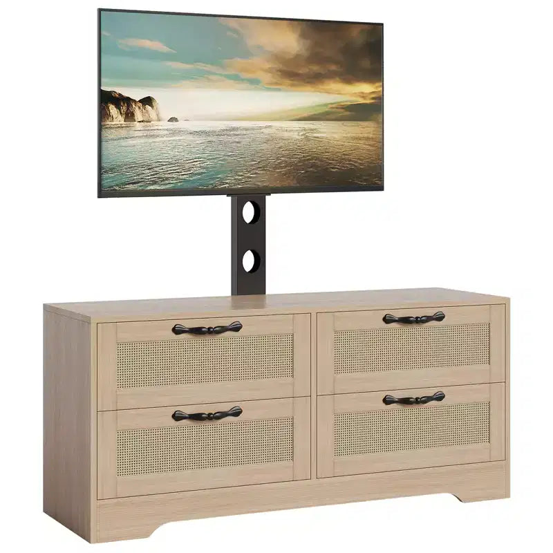 Mobile TV in Rattan con Supporto, Cassettiera a 4 cassetti, Centro di Intrattenimento per TV fino a 70 Pollici, Mobile Porta TV Rustico in Legno per Soggiorno e Camera da Letto