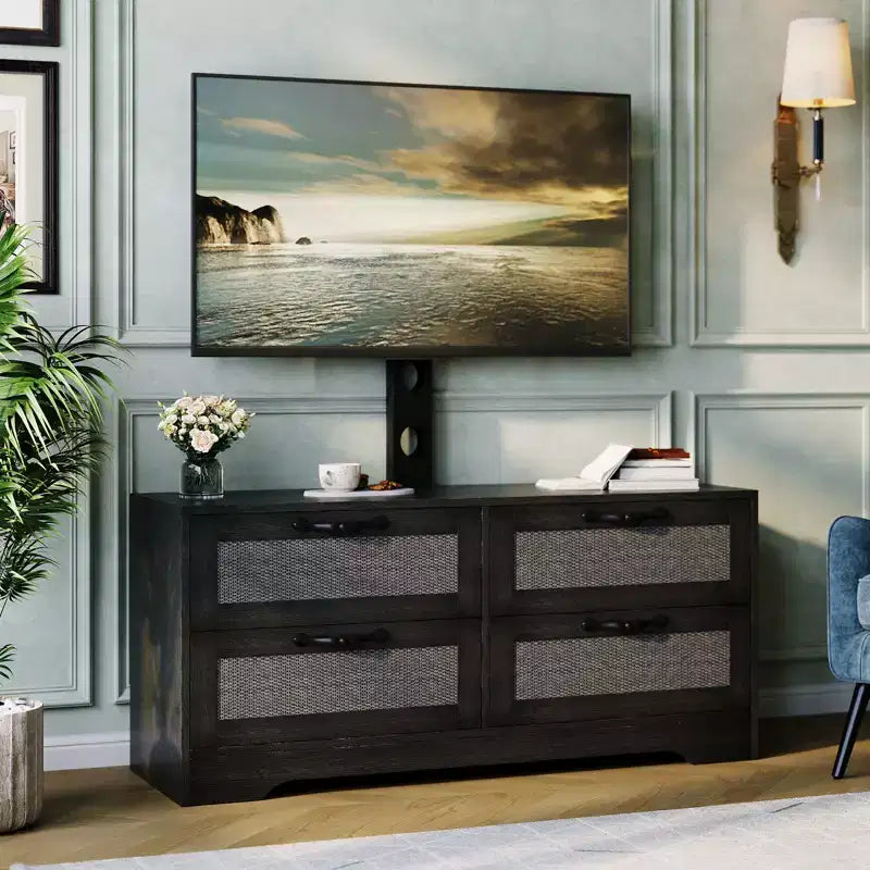 Meuble TV en rotin avec support - Commode à 4 tiroirs - Meuble TV pour téléviseurs jusqu'à 70 pouces, console multimédia rustique en bois pour salon et chambre