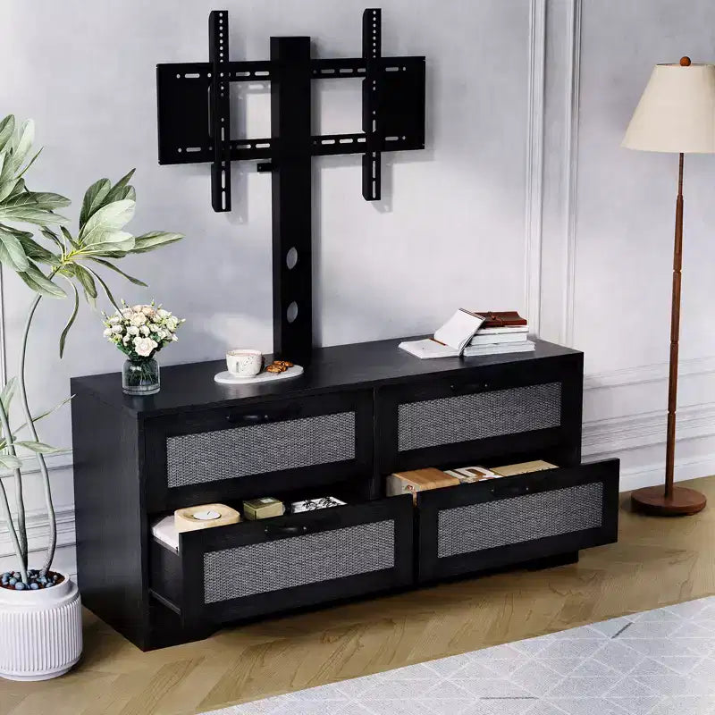 Mobile TV in Rattan con Supporto, Cassettiera a 4 cassetti, Centro di Intrattenimento per TV fino a 70 Pollici, Mobile Porta TV Rustico in Legno per Soggiorno e Camera da Letto