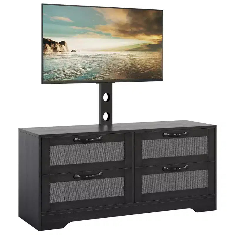Meuble TV en rotin avec support - Commode à 4 tiroirs - Meuble TV pour téléviseurs jusqu'à 70 pouces, console multimédia rustique en bois pour salon et chambre