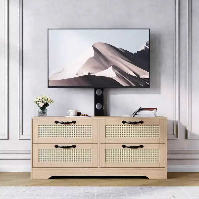 Meuble TV en rotin avec support - Commode à 4 tiroirs - Meuble TV pour téléviseurs jusqu'à 70 pouces, console multimédia rustique en bois pour salon et chambre