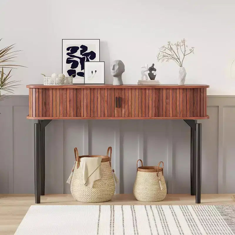 COZONY Console cannelée avec rangement, Table de canapé en bois avec porte coulissante pour salon, couloir