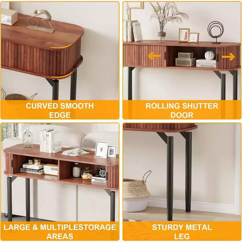 COZONY Console cannelée avec rangement, Table de canapé en bois avec porte coulissante pour salon, couloir