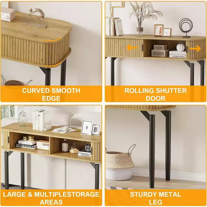COZONY Console cannelée avec rangement, Table de canapé en bois avec porte coulissante pour salon, couloir