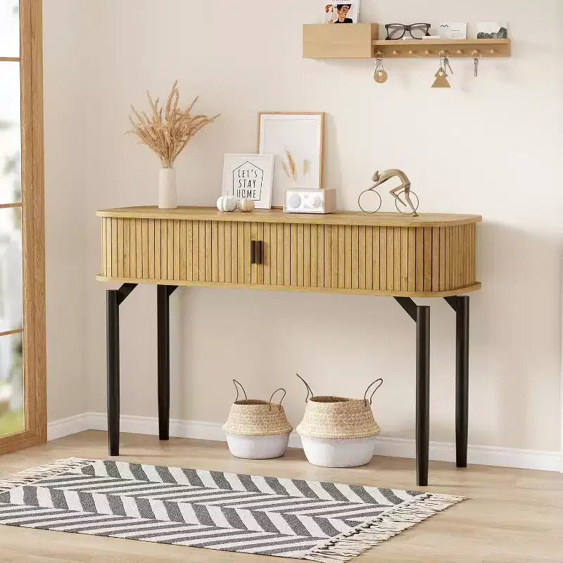 COZONY Console cannelée avec rangement, Table de canapé en bois avec porte coulissante pour salon, couloir