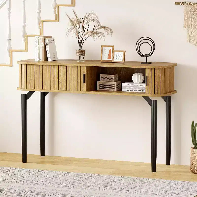COZONY Console cannelée avec rangement, Table de canapé en bois avec porte coulissante pour salon, couloir