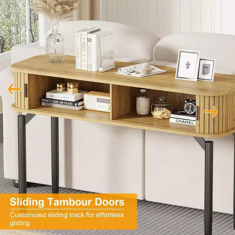 COZONY Console cannelée avec rangement, Table de canapé en bois avec porte coulissante pour salon, couloir
