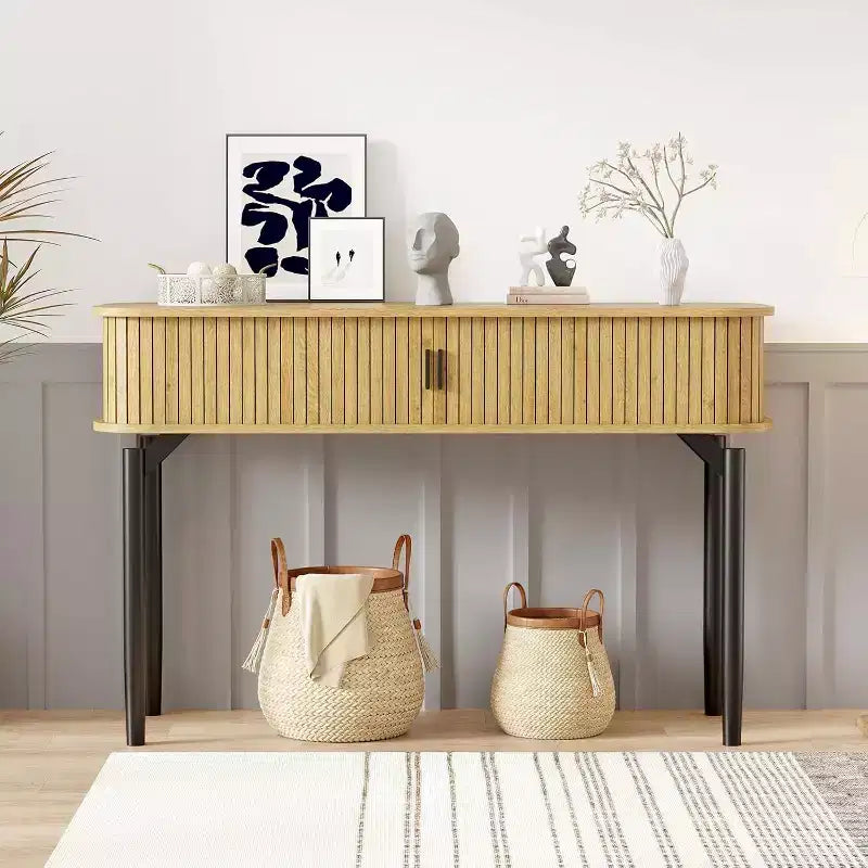 COZONY Console cannelée avec rangement, Table de canapé en bois avec porte coulissante pour salon, couloir