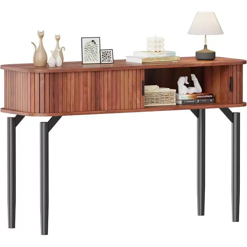 COZONY Tavolo consolle scanalato con contenitore, tavolo da divano in legno con anta scorrevole per soggiorno, divano, corridoio