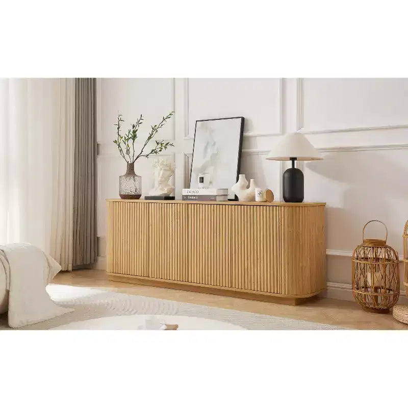 JVNOXK Buffet effet ondulé en grain de bois, rayures verticales, meuble TV, convient pour chambre/entrée. Bois naturel, 64L 15P 24H