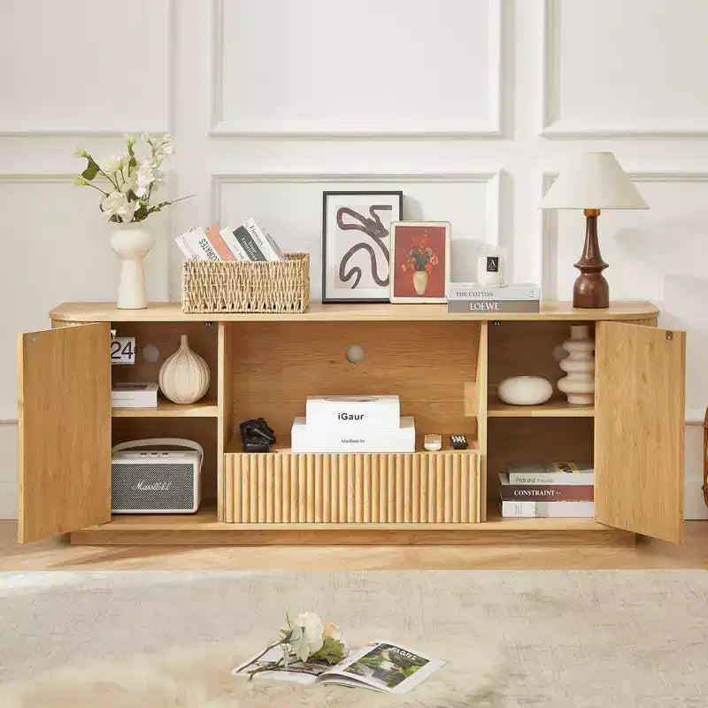 JVNOXK Consolle TV a onda da 64 pollici, credenza ad angolo arrotondato, mobile contenitore, mobile a righe verticali in legno, finitura naturale, per sala da pranzo e soggiorno