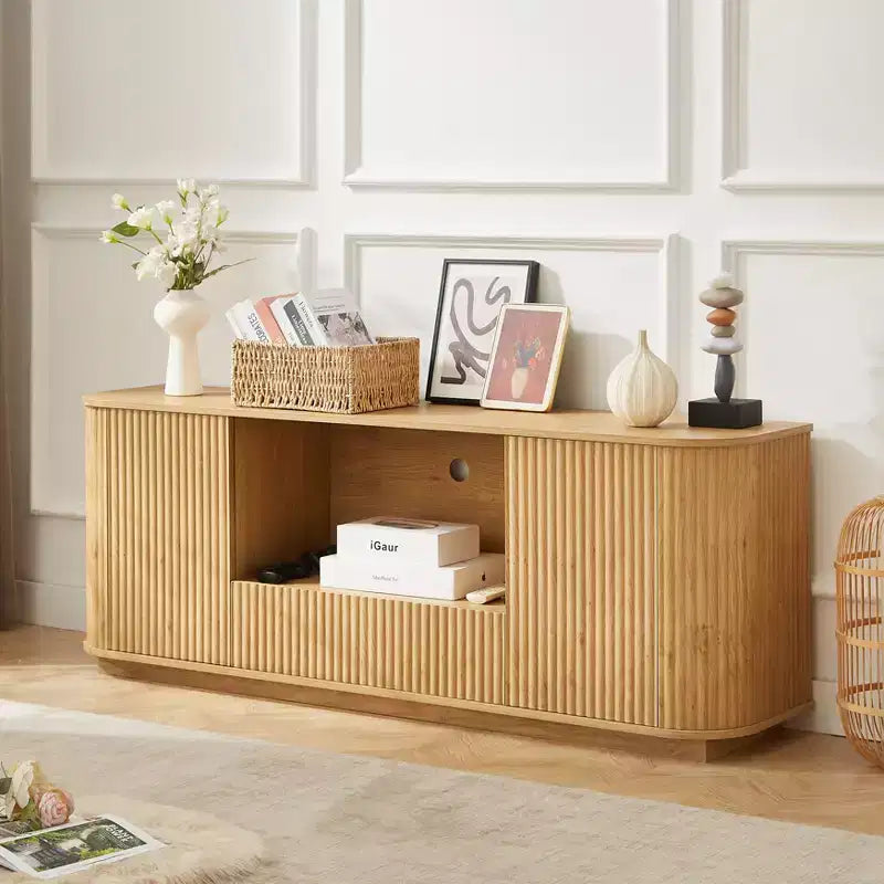 JVNOXK Consolle TV a onda da 64 pollici, credenza ad angolo arrotondato, mobile contenitore, mobile a righe verticali in legno, finitura naturale, per sala da pranzo e soggiorno