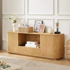 JVNOXK Consolle TV a onda da 64 pollici, credenza ad angolo arrotondato, mobile contenitore, mobile a righe verticali in legno, finitura naturale, per sala da pranzo e soggiorno