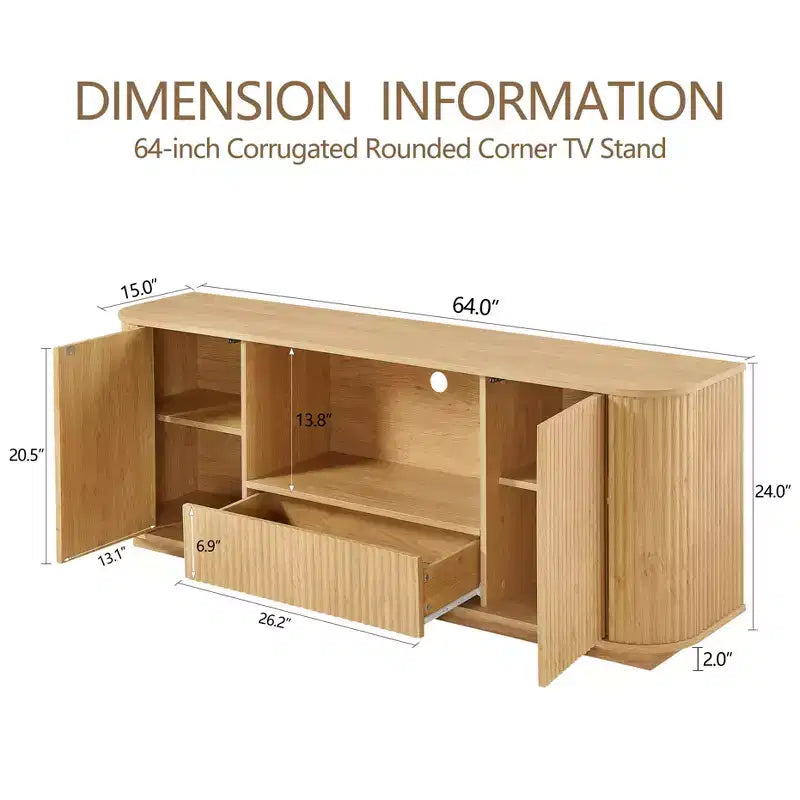 JVNOXK Meuble TV vague de 162 cm, Buffet à coins arrondis, Meuble de rangement, Meuble en bois à rayures verticales, Finition naturelle, pour salle à manger et salon