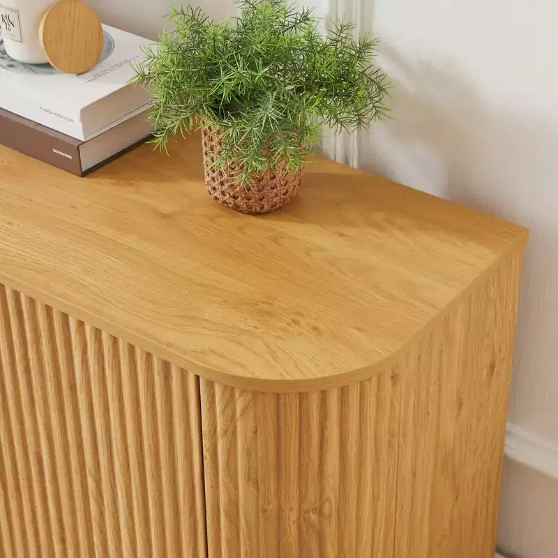 JVNOXK Meuble TV vague de 162 cm, Buffet à coins arrondis, Meuble de rangement, Meuble en bois à rayures verticales, Finition naturelle, pour salle à manger et salon