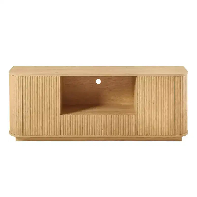 JVNOXK Consolle TV a onda da 64 pollici, credenza ad angolo arrotondato, mobile contenitore, mobile a righe verticali in legno, finitura naturale, per sala da pranzo e soggiorno