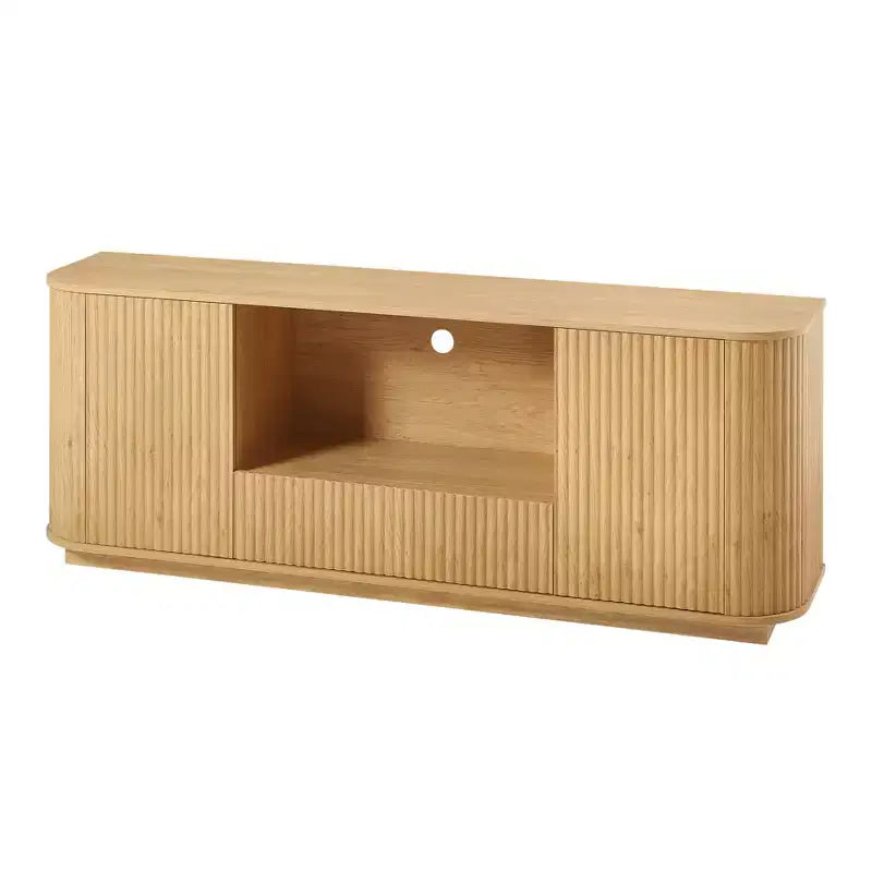 JVNOXK Consolle TV a onda da 64 pollici, credenza ad angolo arrotondato, mobile contenitore, mobile a righe verticali in legno, finitura naturale, per sala da pranzo e soggiorno
