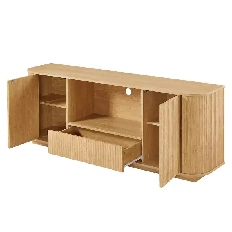 JVNOXK Consolle TV a onda da 64 pollici, credenza ad angolo arrotondato, mobile contenitore, mobile a righe verticali in legno, finitura naturale, per sala da pranzo e soggiorno