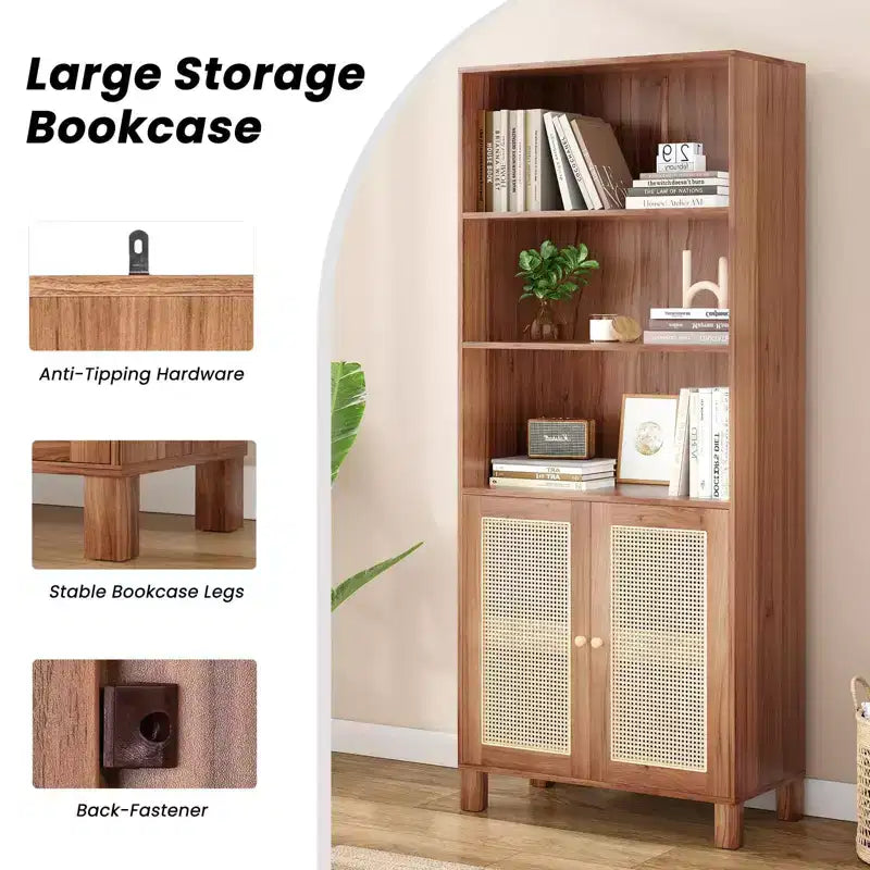 TUYOHW Libreria Alta con Ante in Rattan, Mobile Contenitore Autoportante a 5 Ripiani, Scaffale per Soggiorno, Camera da Letto, Ufficio