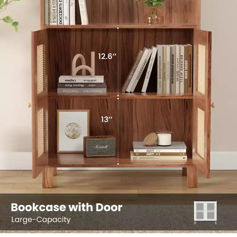 TUYOHW Libreria Alta con Ante in Rattan, Mobile Contenitore Autoportante a 5 Ripiani, Scaffale per Soggiorno, Camera da Letto, Ufficio