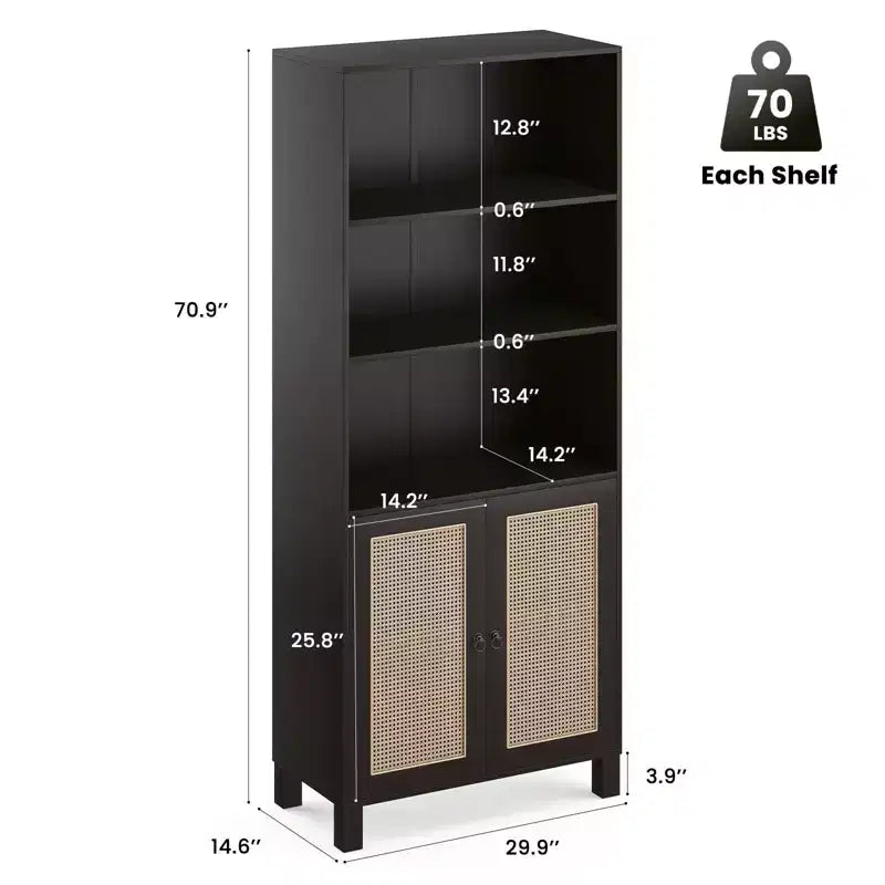 TUYOHW Libreria Alta con Ante in Rattan, Mobile Contenitore Autoportante a 5 Ripiani, Scaffale per Soggiorno, Camera da Letto, Ufficio