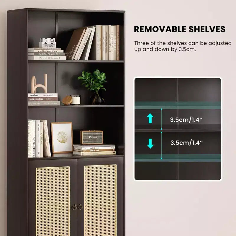 TUYOHW Libreria Alta con Ante in Rattan, Mobile Contenitore Autoportante a 5 Ripiani, Scaffale per Soggiorno, Camera da Letto, Ufficio