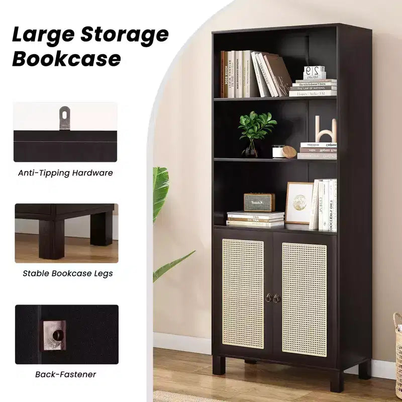 TUYOHW Libreria Alta con Ante in Rattan, Mobile Contenitore Autoportante a 5 Ripiani, Scaffale per Soggiorno, Camera da Letto, Ufficio