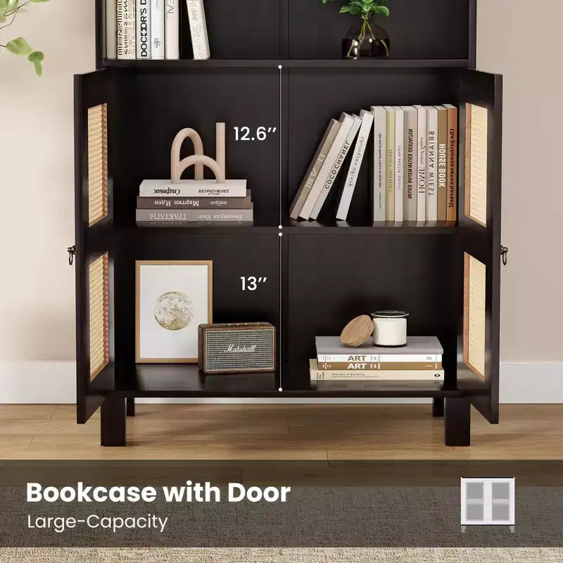 TUYOHW Libreria Alta con Ante in Rattan, Mobile Contenitore Autoportante a 5 Ripiani, Scaffale per Soggiorno, Camera da Letto, Ufficio