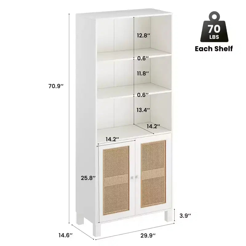TUYOHW Libreria Alta con Ante in Rattan, Mobile Contenitore Autoportante a 5 Ripiani, Scaffale per Soggiorno, Camera da Letto, Ufficio