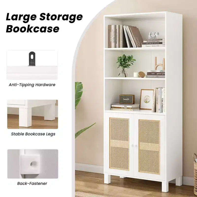 TUYOHW Libreria Alta con Ante in Rattan, Mobile Contenitore Autoportante a 5 Ripiani, Scaffale per Soggiorno, Camera da Letto, Ufficio