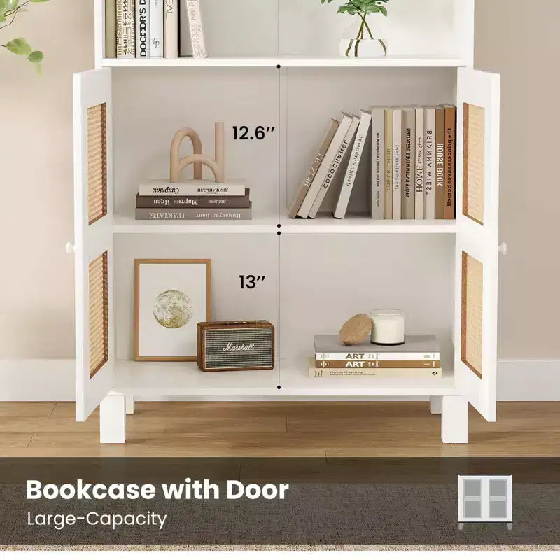 TUYOHW Libreria Alta con Ante in Rattan, Mobile Contenitore Autoportante a 5 Ripiani, Scaffale per Soggiorno, Camera da Letto, Ufficio