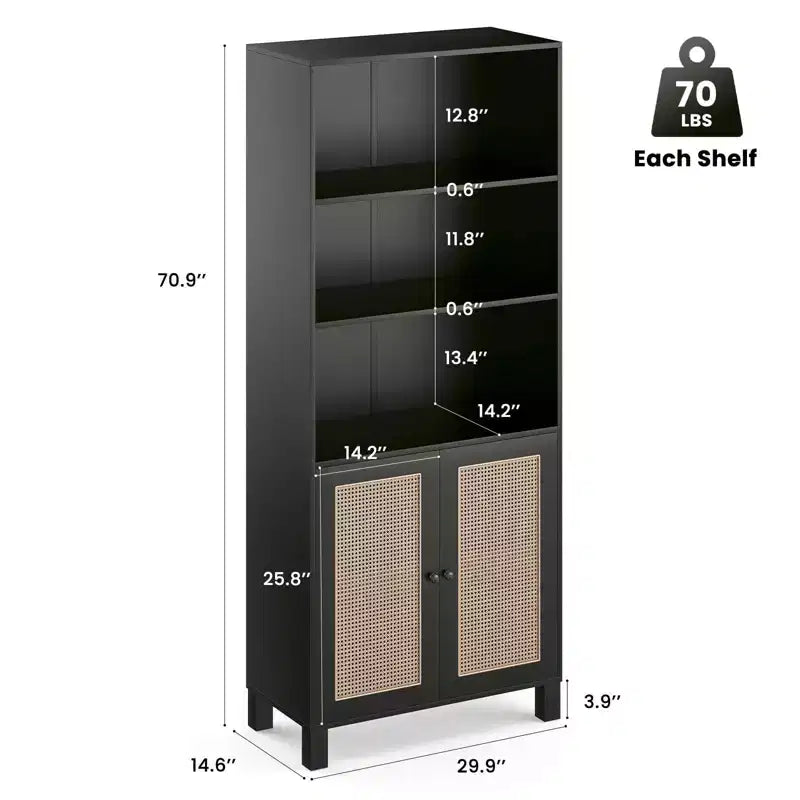 TUYOHW Libreria Alta con Ante in Rattan, Mobile Contenitore Autoportante a 5 Ripiani, Scaffale per Soggiorno, Camera da Letto, Ufficio