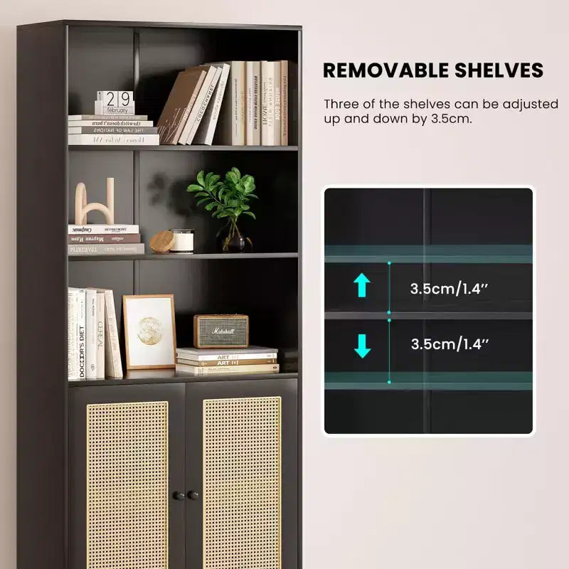 TUYOHW Libreria Alta con Ante in Rattan, Mobile Contenitore Autoportante a 5 Ripiani, Scaffale per Soggiorno, Camera da Letto, Ufficio