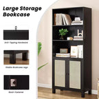 TUYOHW Libreria Alta con Ante in Rattan, Mobile Contenitore Autoportante a 5 Ripiani, Scaffale per Soggiorno, Camera da Letto, Ufficio