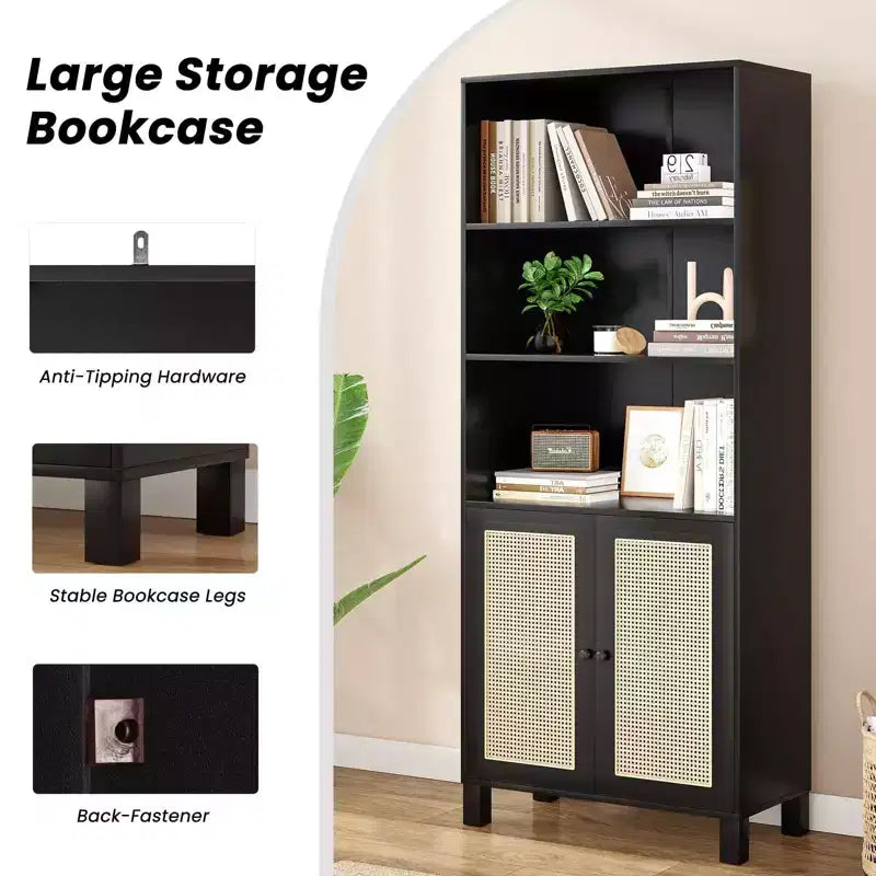 TUYOHW Libreria Alta con Ante in Rattan, Mobile Contenitore Autoportante a 5 Ripiani, Scaffale per Soggiorno, Camera da Letto, Ufficio