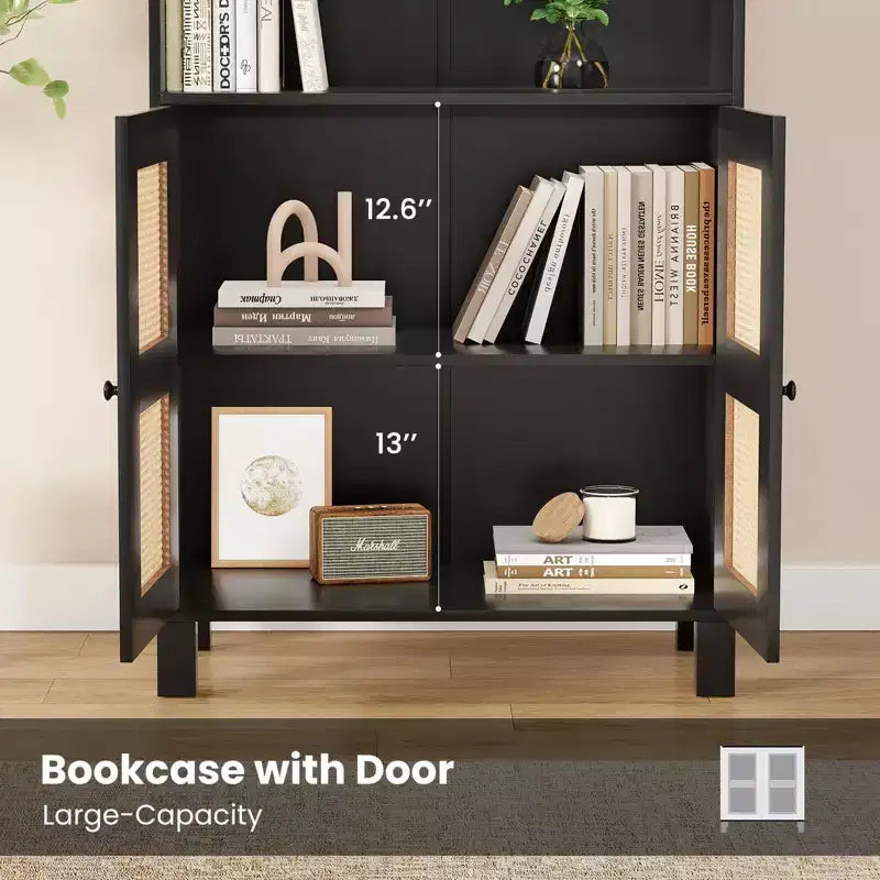 TUYOHW Libreria Alta con Ante in Rattan, Mobile Contenitore Autoportante a 5 Ripiani, Scaffale per Soggiorno, Camera da Letto, Ufficio