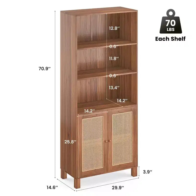 TUYOHW Libreria Alta con Ante in Rattan, Mobile Contenitore Autoportante a 5 Ripiani, Scaffale per Soggiorno, Camera da Letto, Ufficio