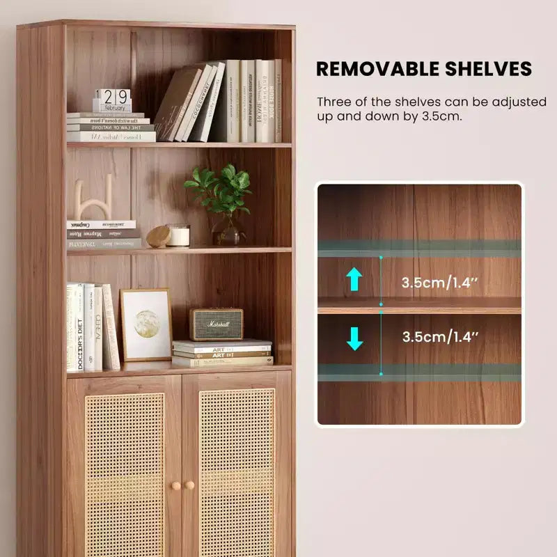 TUYOHW Libreria Alta con Ante in Rattan, Mobile Contenitore Autoportante a 5 Ripiani, Scaffale per Soggiorno, Camera da Letto, Ufficio