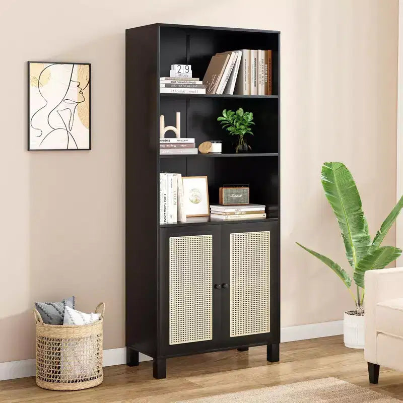 TUYOHW Libreria Alta con Ante in Rattan, Mobile Contenitore Autoportante a 5 Ripiani, Scaffale per Soggiorno, Camera da Letto, Ufficio