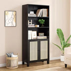 TUYOHW Libreria Alta con Ante in Rattan, Mobile Contenitore Autoportante a 5 Ripiani, Scaffale per Soggiorno, Camera da Letto, Ufficio