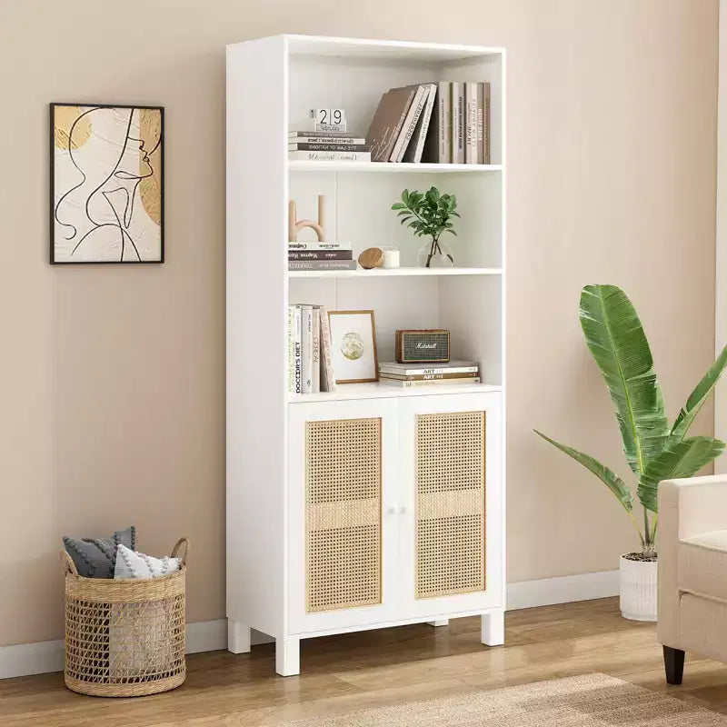 TUYOHW Tall Bookcase with Rattan Doors,5-Shelf Freestanding Storage Cabinet,Bookshelf for Living Room,Bedroom,Home Office