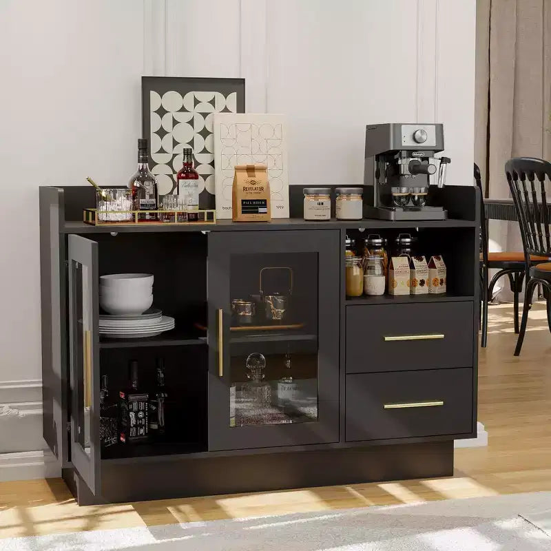 Meuble Bar à Vin avec Portes Vitrées et Tiroirs de Rangement - Meuble Bar Polyvalent pour Cuisine, Salle à Manger, Bureau, Salle de Jeux