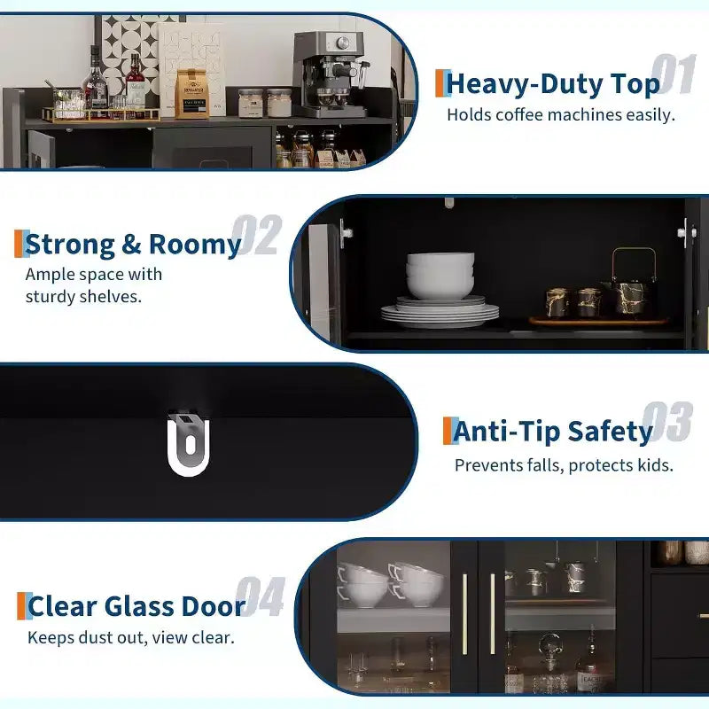 Mobile Bar con Ante in Vetro e Cassetti Contenitori - Versatile Mobile Bar per Cucina, Sala da Pranzo, Ufficio, Sala Giochi