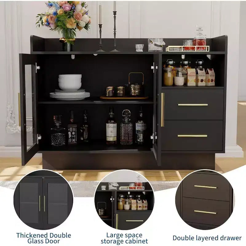 Mobile Bar con Ante in Vetro e Cassetti Contenitori - Versatile Mobile Bar per Cucina, Sala da Pranzo, Ufficio, Sala Giochi