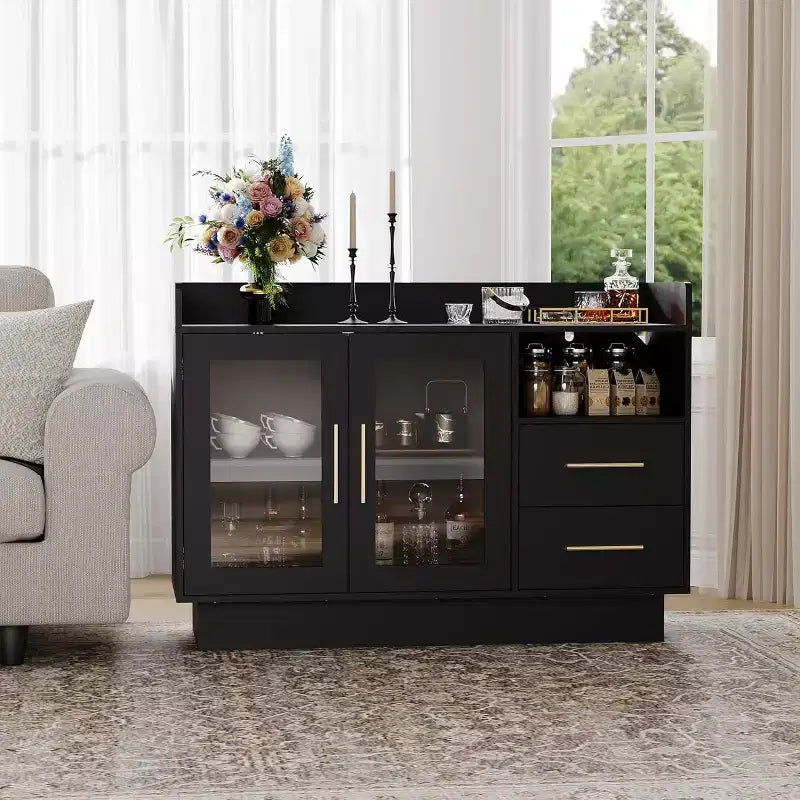 Mobile Bar con Ante in Vetro e Cassetti Contenitori - Versatile Mobile Bar per Cucina, Sala da Pranzo, Ufficio, Sala Giochi