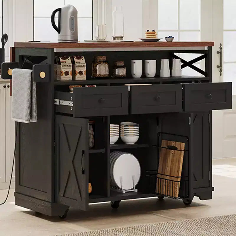 Isola da Cucina in Stile Fattoria con Tenda a Perline, Carrello da Cucina su Ruote con Asse Pieghevole, 3 Ante, 3 Cassetti e Griglia Interna in Ferro